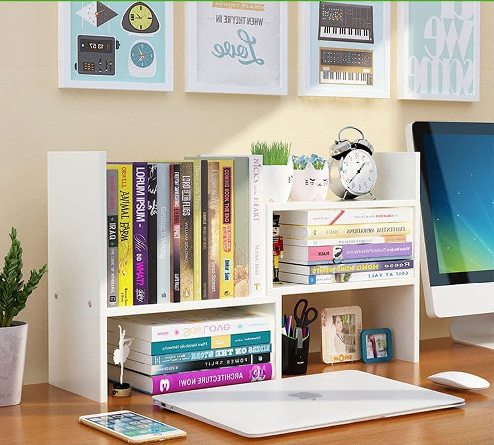 TKAS Desktop Organizer Bookshelf Office Storage Rack Adjustable Wood Display Shelf Home Decor Free Style Rotation Countertop Bookcase Office Supplies Accessories (White)