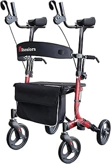 Aliseniors Upright Walker for Seniors - Stand Up Walker with Seat, Foldable 4 Wheel All-Terrain Rolling Walker, Adjustable Padded Armrests, 300lbs - Promotes Natural Posture & Reduces Back Strain