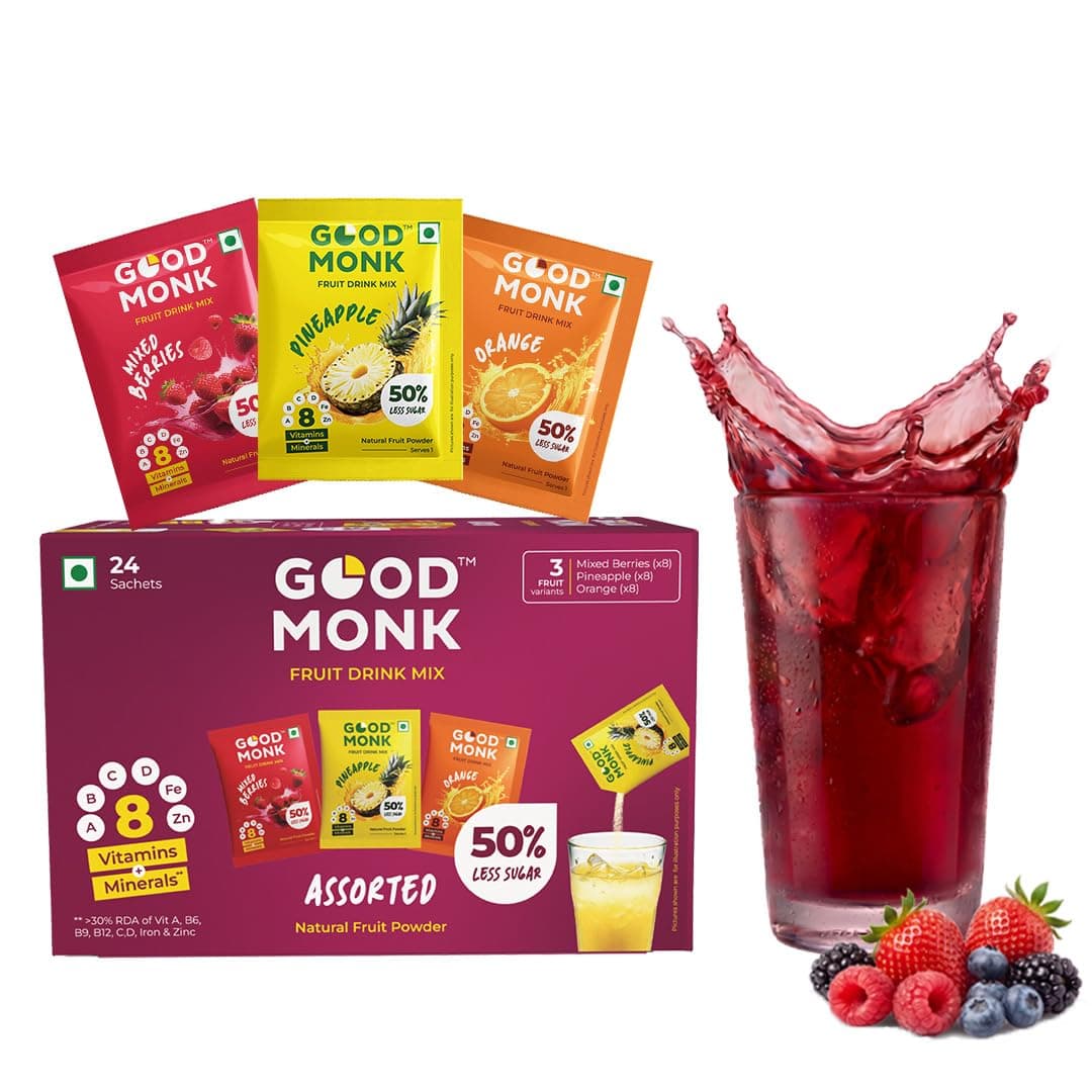 Fruit Drink Mix (Assorted - Natural Orange, Mixed Berries, Pineapple Powder), 50% Less Sugar with 8 Vitamins & Minerals. Tasty & Healthy Mix for Hydration, Energy, Immunity. 8x3 = 24 sachets
