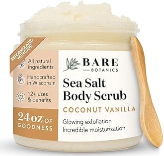 Bare Botanics Coconut Vanilla Body Scrub 24oz | Made in USA | All Natural Sea Salt Scrub w/Skin Loving Moisturizers | Vegan & Cruelty Free | Ready to Gift w/a Cute Wooden Spoon