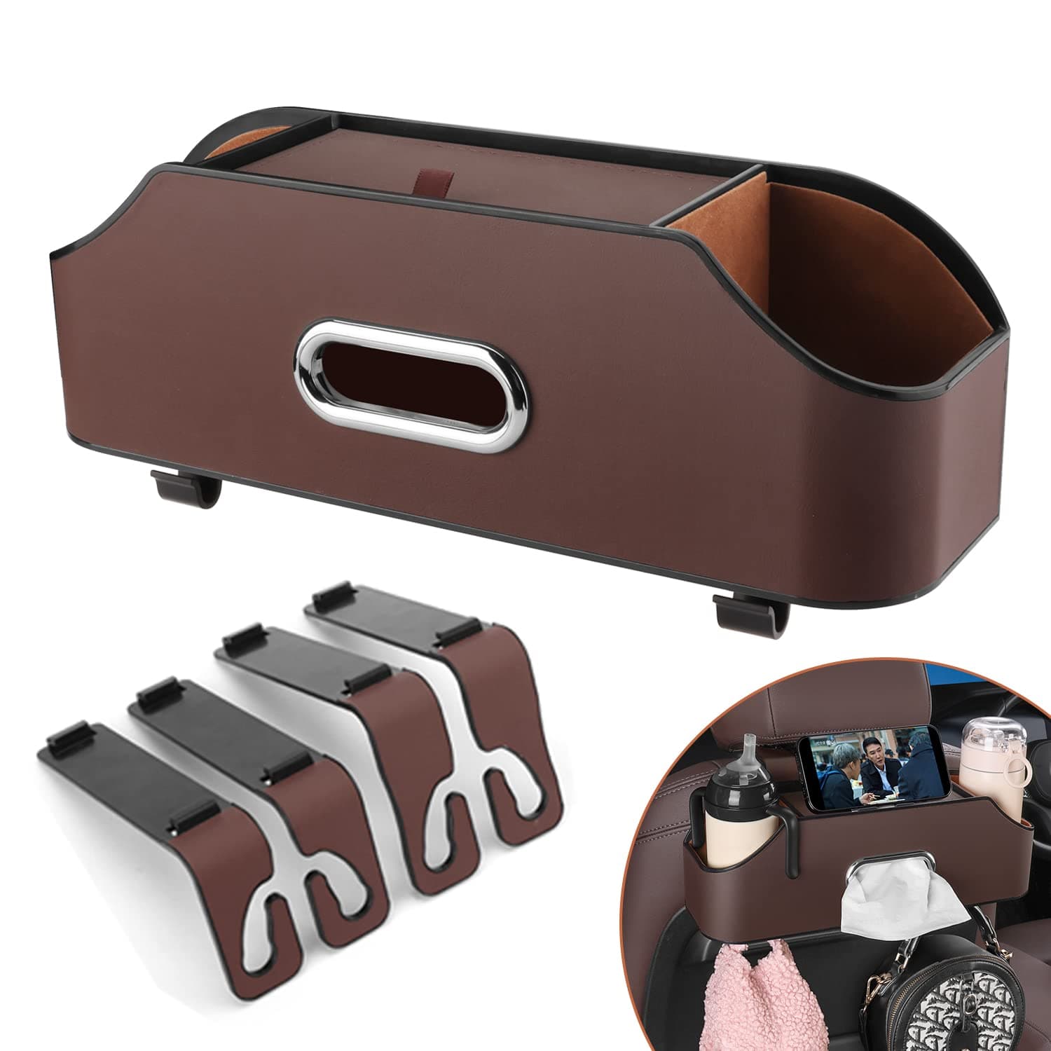 HALOYIVGO Car Seat Back Organizer - Stylish & Functional Storage for Family Adventures - Cup Holders, Tissue Box & Hooks - Perfect for Kids, Road Trips & Travel (Brown)