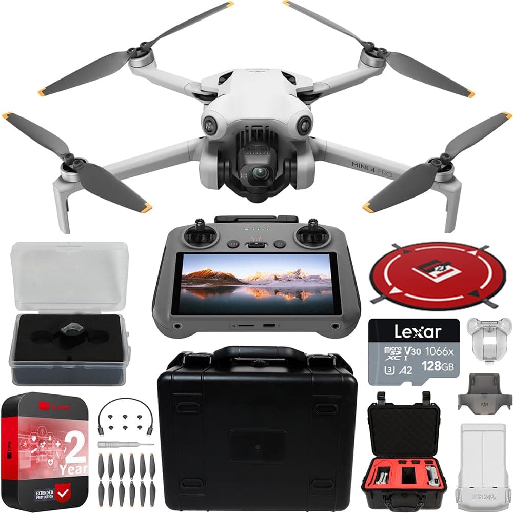 DJI Mini 4 Pro Folding Drone with RC 2 Remote (With Screen) 4K HDR Video Camera for Adults, Under 249g, Omnidirectional Sensing Bundle with Deco Gear Custom Hard Case + Wide Angle Lens & Accessories