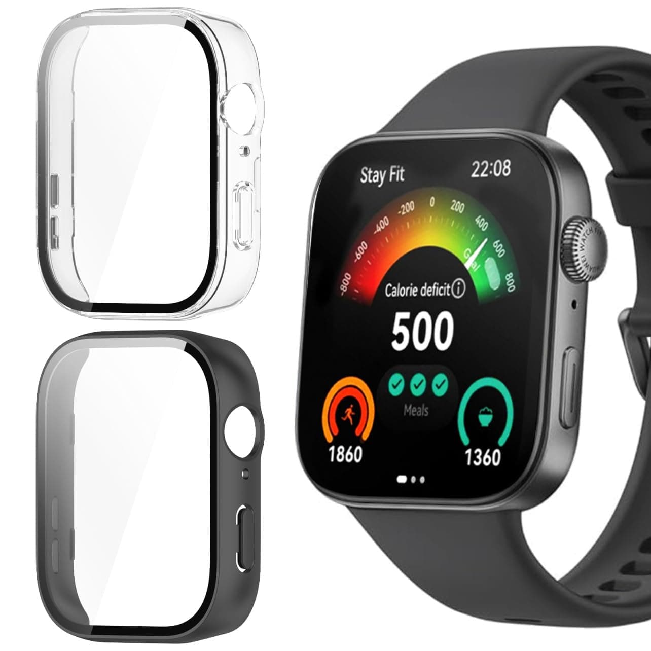 [2-Pack] Full Cover Case with Glass Protector for Huawei Watch Fit 3（46mm), PC Hard Shell, All-Around Anti-Scratch Protection, Huawei Watch Fit 3 Protective Cover