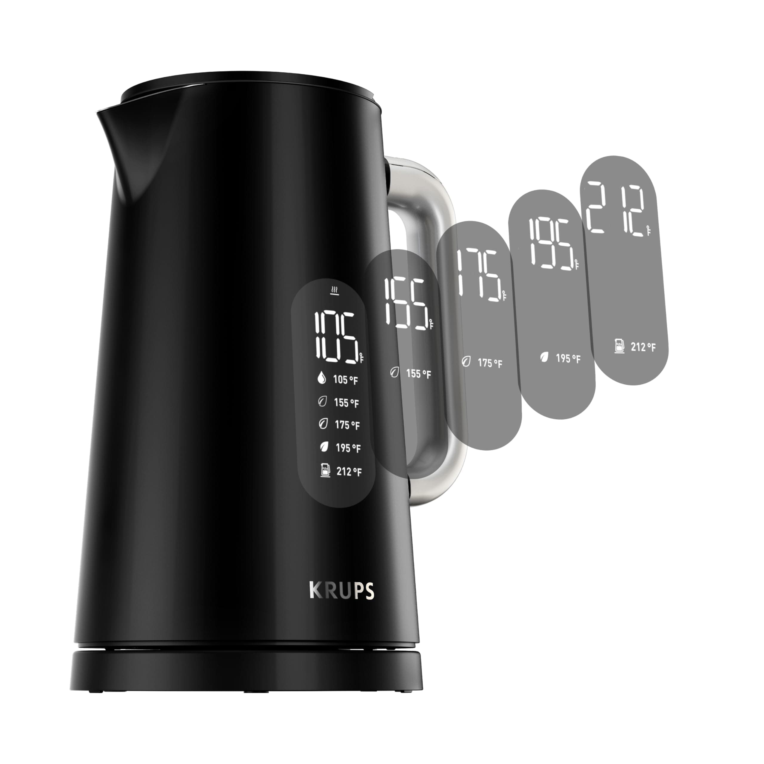 KRUPS Smart Temp Electric Kettle: 1.7L Capacity, 5 Precise Temperature Settings, Digital Display, Cool-Touch Exterior, Cordless Design for Tea and Coffee Lovers