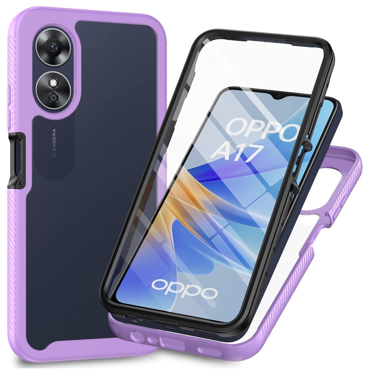 Oppo A17 Case with Built-in Screen Protector, 360 Full Body Protective Cover Heavy Duty Anti-Scratch Shockproof Slim Silicone Bumper Clear Phone Case for Oppo A17, Purple
