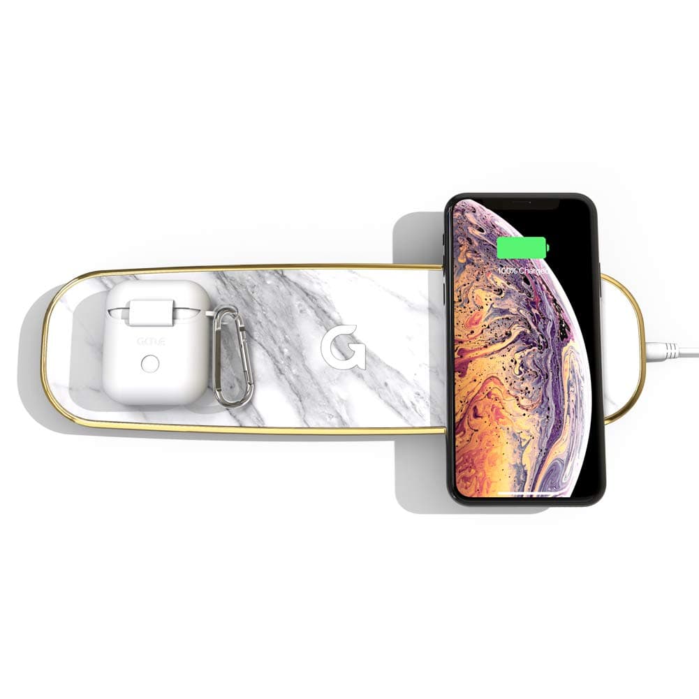 GAZE Triple Pad Fast Wireless Charging Marble pad w/Additional Dual Cable Charging Support, GAZEON Qi Certified 10W Wireless Charger Station Compatible for iPhone 8 or Newer AirPods Galaxy S10/Buds