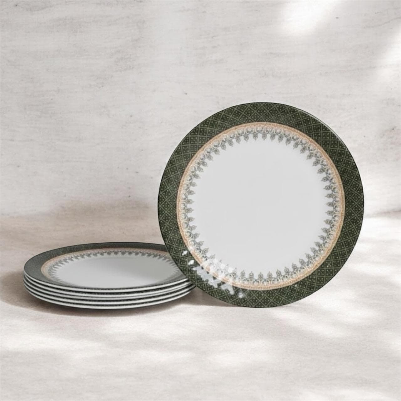 Melamine Quarter Plates | Round Half Plate Serving Set| Break Resistant | Plates for Snacks, Lunch, Dinner | Plates for Home, Office, Restaurant | Set of 6 | 7 Inch's (Green Diamond)