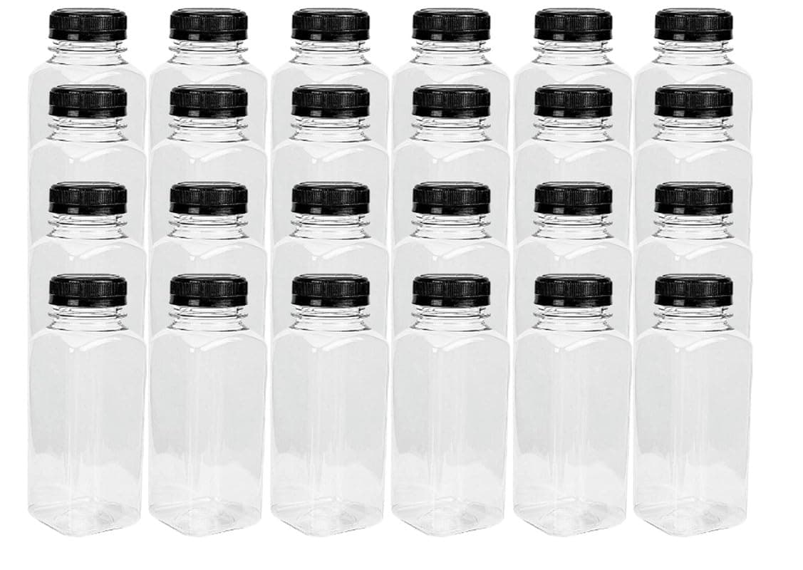 LAVISH 24Pcs Empty Plastic Reusable Square Shape Transparent 100ml/4Oz Bottles With Black Caps For Juice, Milk, Water and Many More, Size 9 x 4 cm