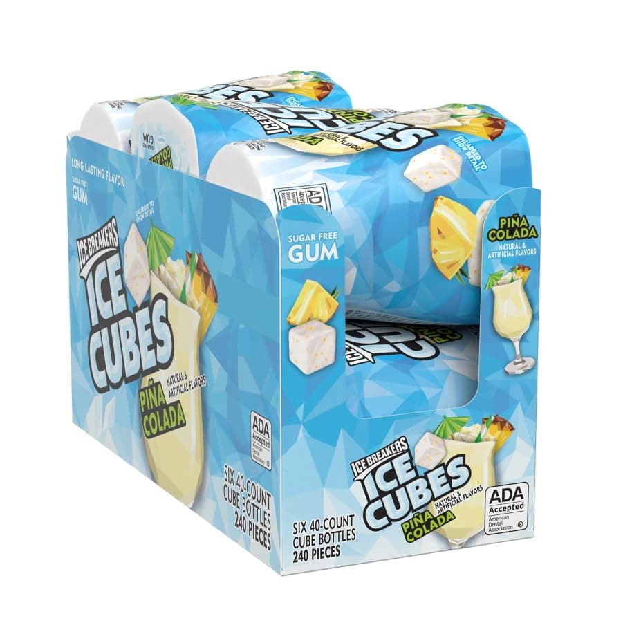 ICE BREAKERS Ice Cubes Pina Colada Sugar Free Chewing Gum Bottles, 3.24 oz (6 Count, 40 Pieces)