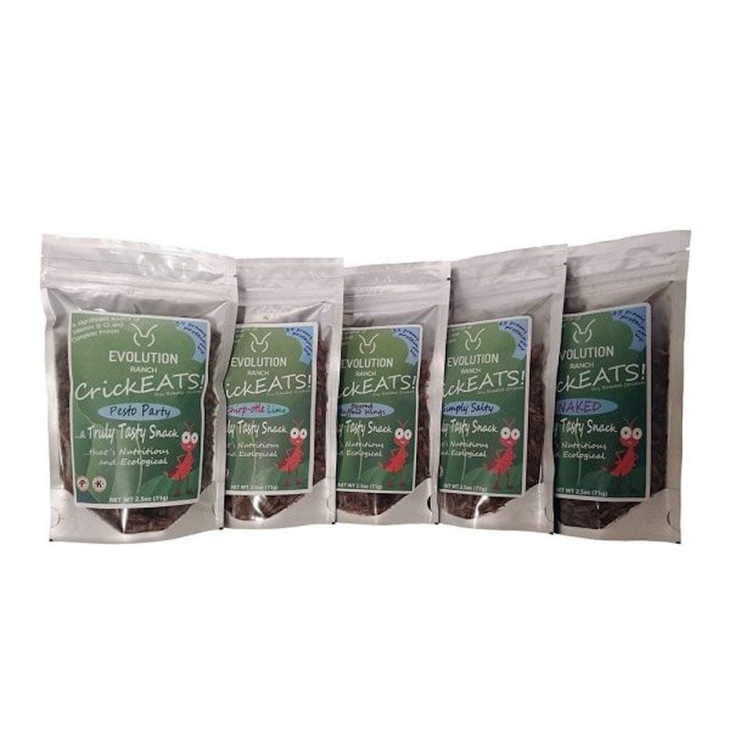 Evolution Ranch CrickEATS Whole Dry Roasted Cricket Protein Snack Bundle, including: Beyond Buffalo Wings, Chirp-otle Lime, Pesto Party, Simply Salty and Naked