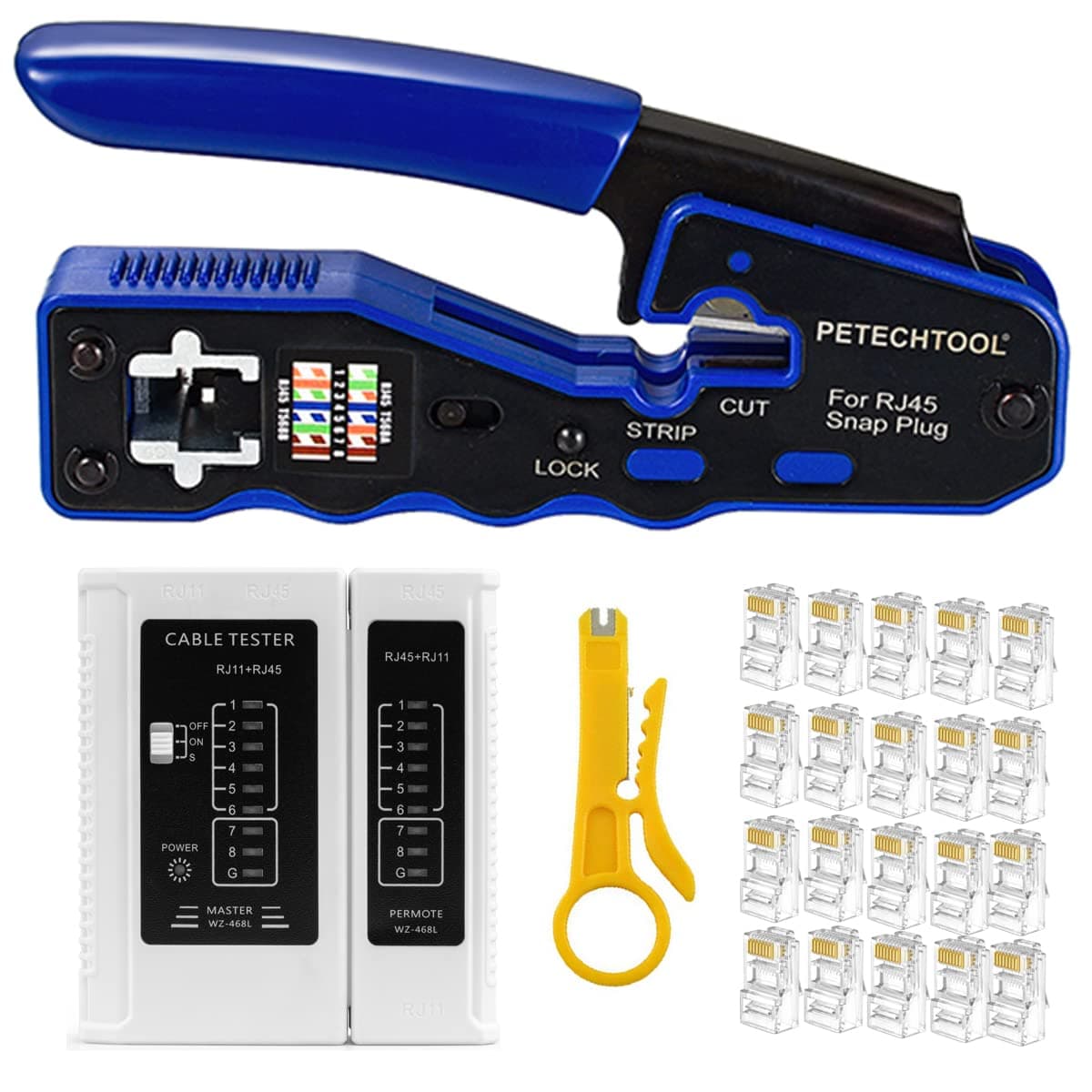 RJ45 Crimp Tool Kit Crimping Tool Ethernet Crimper Wire Cutter Stripper With 1 Piece Cable Tester,20Pieces Cat6 Pass Through Connectors and 1 Piece Yellow Wire Stripper