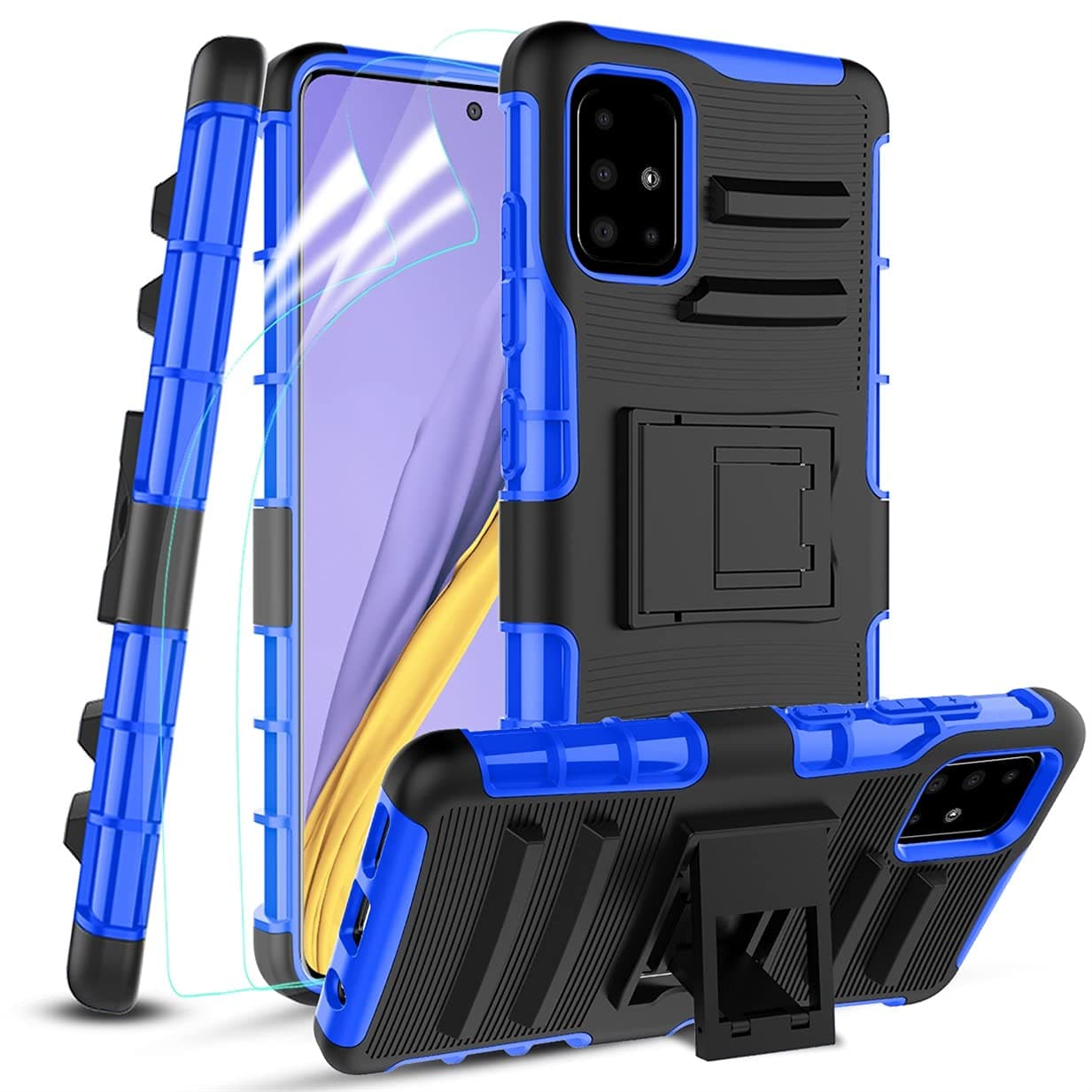 RioGree Phone Case for Samsung Galaxy A51 with Screen Protector Kickstand Heavy Duty Durable for Women Men Girls Boys - Blue