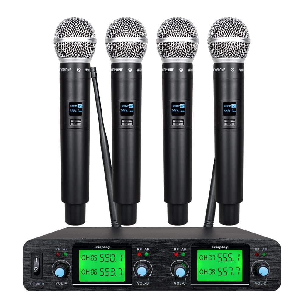 Tbaxo 4 Channel Wireless Microphone System UHF 4 Handheld Mic Karaoke DJ Singing Meeting Party New Wedding Church Conference Speech 3 Years Free Warranty Fixed Frequency Long Range