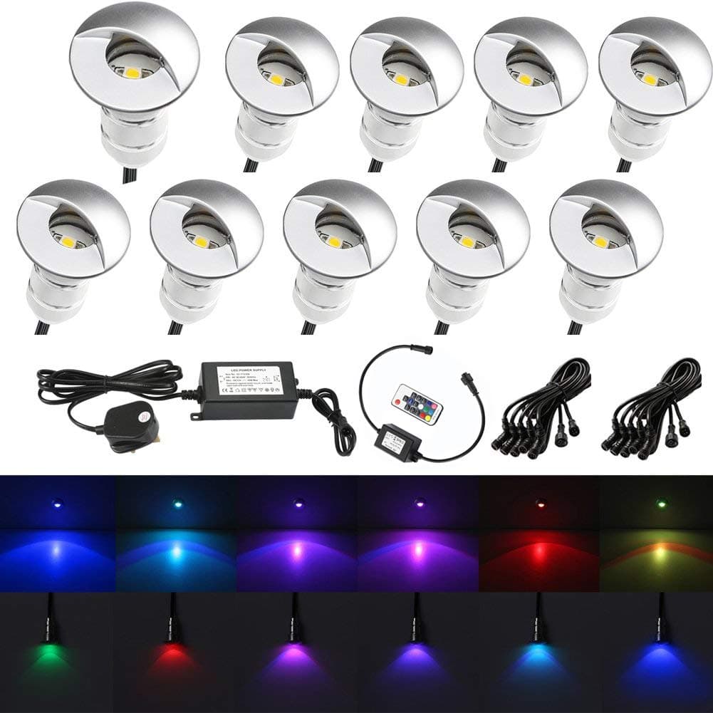 QACA Led Decking Lights Kitchen Plinth Lights Ø26mm Colour Changing Low Voltage IP65 Waterproof Deck Lighting Kits with Remote Control Pack of 10 RGB 2 Lumen [Energy Class A]