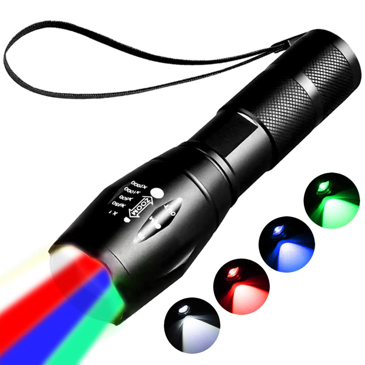 Red Flashlight Rechargeable，Green Light Flashlight，Blue Light flashlights，Blood Lights for Observation, 4 in 1 White Lights and Red lamp and Blue Lamp and Green Lamps ，4 Modes.