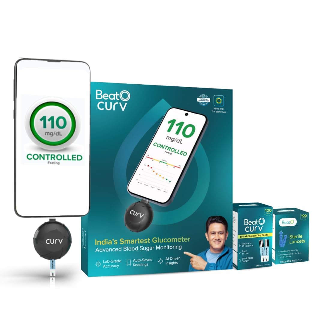 BeatO CURV Sugar Test Machine | FREE 100 Strips & 100 Lancets (Type-C USB Connector) | Simple & accurate testing of Blood sugar levels at home |Smartphone Connected Glucometer Machine | Android only | ISO Certified: Made in India