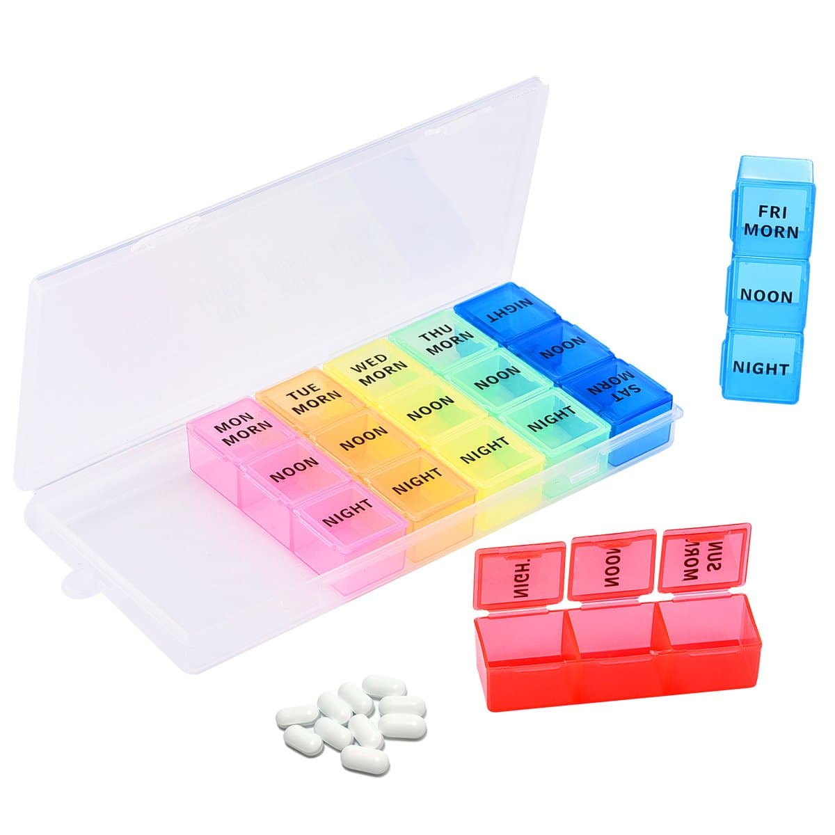 Riotaxy Weekly 7 Day Small Pill Organizer Pill Box Pill Case Medicine Organizer Portable Splitters Storage 3 Times A Day AM PM Morning Noon Night Compartments for Pills Vitamin