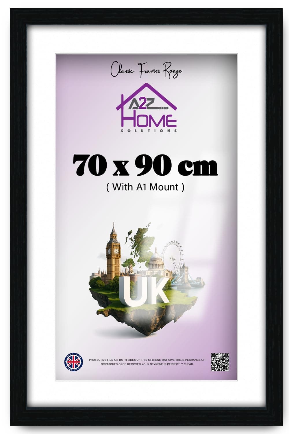 Wall Photo Frame Black 70x90 cm Frame With 80x60 cm Mount Picture Poster Print With Clear HD Perspex 30x15 MM Moulding Mounting Hooks MDF Backboard