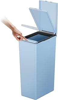 EKO Morandi 30L Kitchen Recycling Bin with Touch-Top Lid, Slim Plastic Rubbish Bin with Recycling Stickers and Easy-Clean Finish, Compact Design for Home or Office, Titanium Blue
