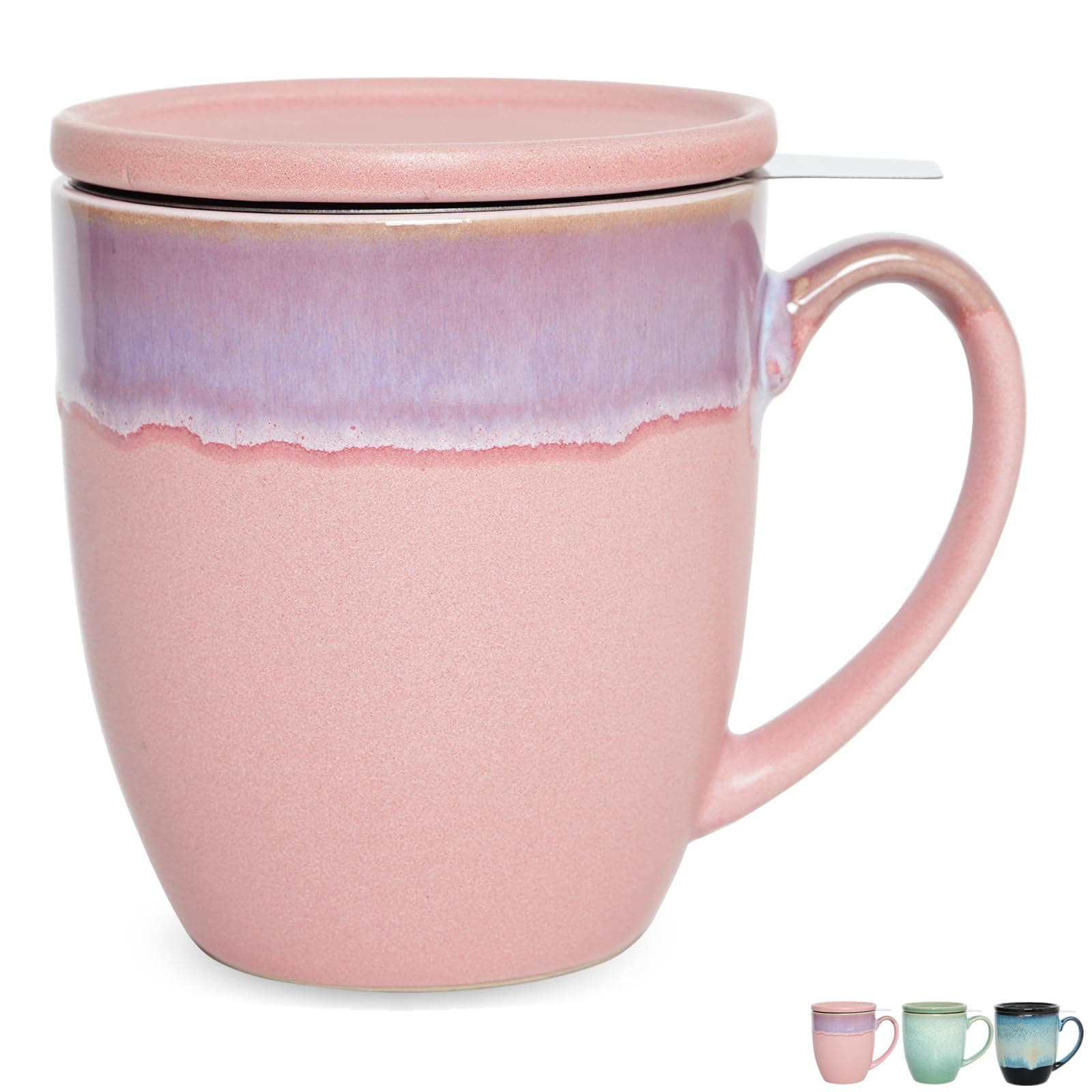 Bosmarlin Ceramic Tea Cup with Infuser and Lid, 16 Oz, Loose Leaf Tea Steeper Mug with Strainer, Microwave and Dishwasher Safe, Reactive Glaze (16 Oz, Pink)
