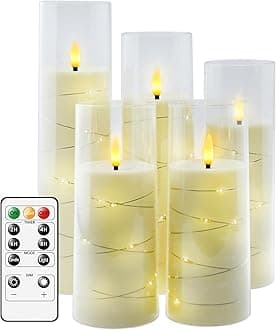 Flameless LED Candles with Timer 5 Pc Flickering Flameless Candles for Romantic Ambiance and Home Decoration Stable Acrylic Shell,with Embedded Star String，Battery Operated Candles（Ivory）