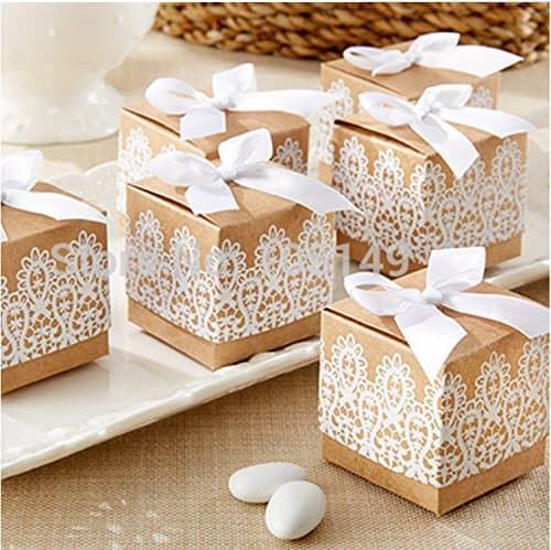 50pcs Rustic Lace Vintage Candy Gift Boxes Shabby Chic Wedding Favour Boxes with Bow Lace Ribbon for Wedding Party Baby Shower Favor