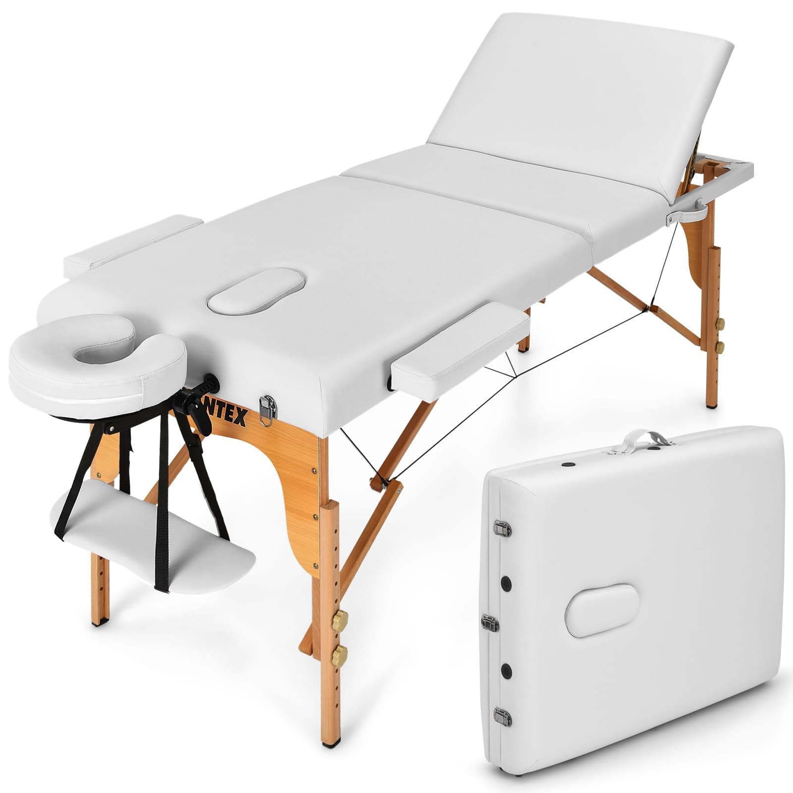 84inch Folding Massage Table Lash Bed, Portable 3 Sections Spa Salon Tattoo Bed with Face Cradle Armrests Wooden Legs, Professional Massage Bed Height Adjustable with Carry Case (White)