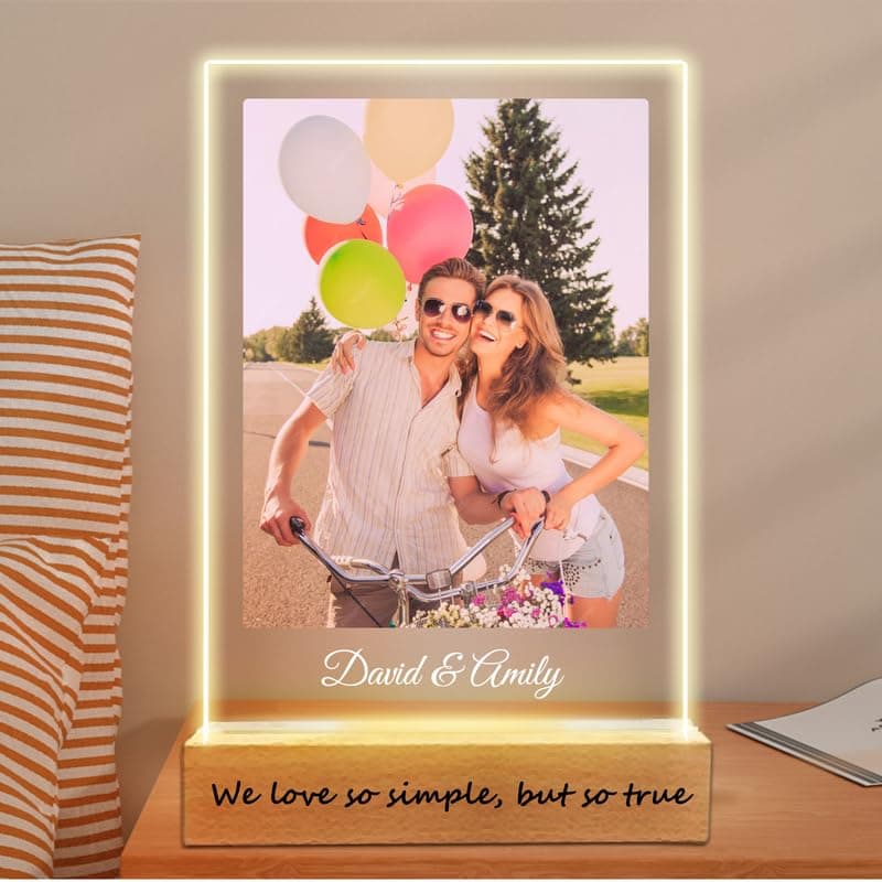 Personalized Acrylic Plaque with Photo, Custom Plaque With Unique Custom LED Wood Picture Frame for Boyfriend or Girlfriend, Personalised Mothers Day Gifts for Mum (5 Size - 15-40cm)