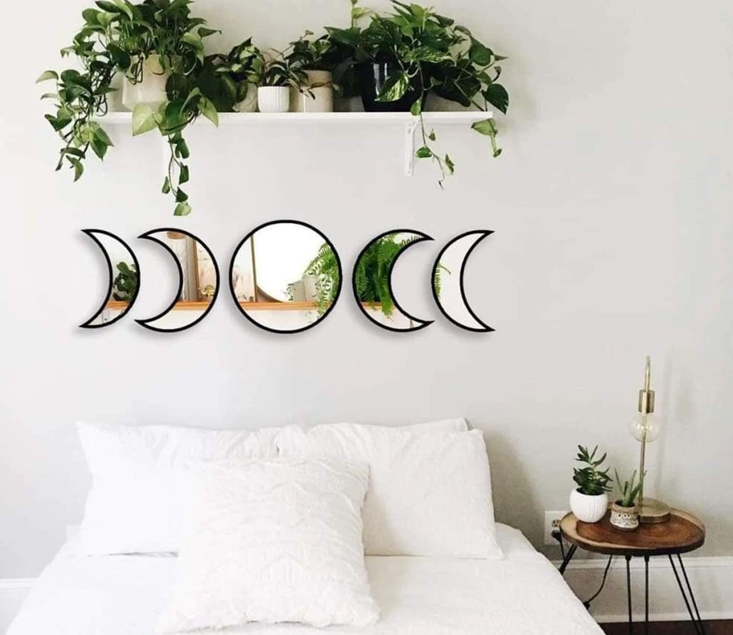 5 Pieces Moon Phase Mirror Set, Crescent Moon Mirror Wall Decor Bedroom, Bohemian Natural Scandinavian Home Decor, Decorative Mirror, Moon Phase Wall Decor(Black)