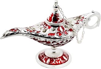 Aladdin Magic Genie Lamps - Classic Vintage Legend Magic Genie Light Costume Lamp for Home Wedding Table Decoration, Small Size Silver&Red