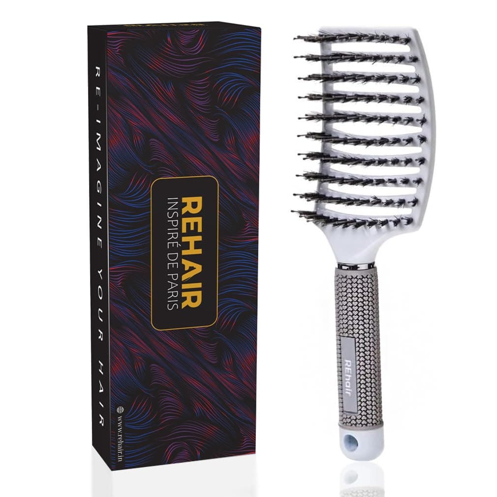 Premium Detangler Pain Free Boar Bristles Over-sized Vented Hair Brush for Men & Women (White)