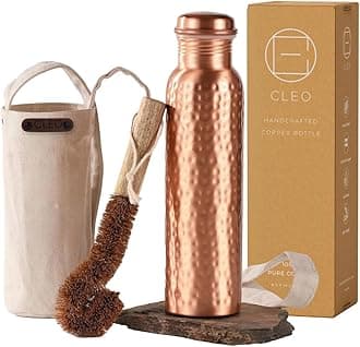CLEO HOME 100% Pure Copper Water Bottle for Drinking, 32 Oz Large Hammered Ayurvedic Copper Bottle with Canvas Bag & Cleaning Brush, Leak-Proof Water Vessel
