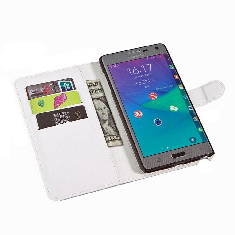 Note Edge Case for Samsung Galaxy SM-N915 Cell Phone Made of PU Faux Leather, Wallet Protects and Stores Cards ID and Money in Slots, Stand Folds Out for Hands Free Side Viewing, Magnetic Closure, Highest Quality and Perfect Fit for Note Edge Mobile Phone N915 N915A N915T N915P N915V Luxury Fashion Folio Holster Flip Cover, Available in Many Colors (White)