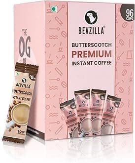 Bevzilla 96 Instant Coffee Powder Sachets (Butterscotch) - 192 Grams| Hot & Cold Coffee| Makes 96 Cups| Arabica Coffee| Best For Espresso, Latte, Cappuccino
