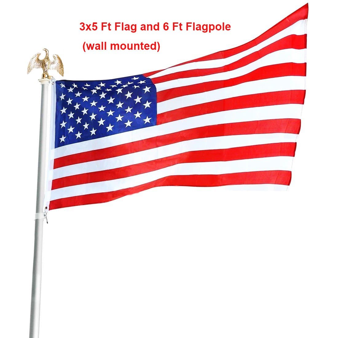 American Flag 3 by 5 Ft and Flagpole set, 6 Foot Aluminum Flag Pole Golden Eagle Topper and US Flag, Free Metal brackets and hardware, Printed Polyester US Flags