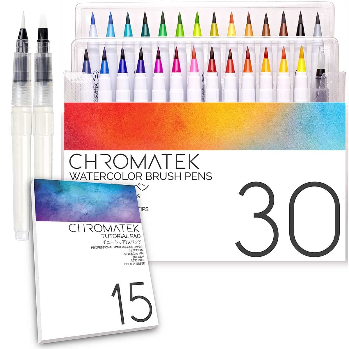 CHROMATEK Watercolour Brush Pen Set 30, 15 Page Tutorial Pad and Online Video Tutorial Series Real Brush Tip. Vivid. Smooth. Blendable. Professional Quality. 27 Colors, 3 Aqua Pens