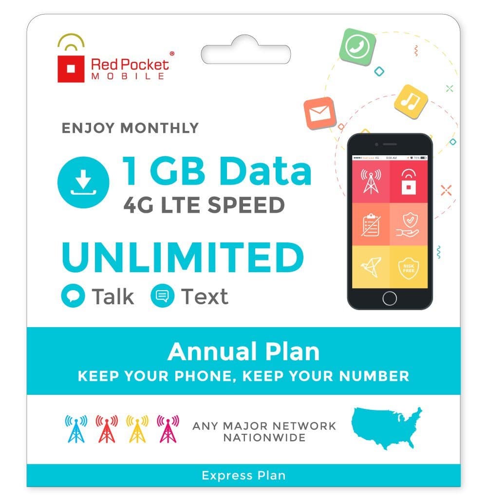 Red Pocket Mobile Express 360 Day Prepaid Phone Plan, No Contract, Free SIM Kit; Unlimited Talk, Unlimited Text & 1 GB of LTE Data - Only $17/Month