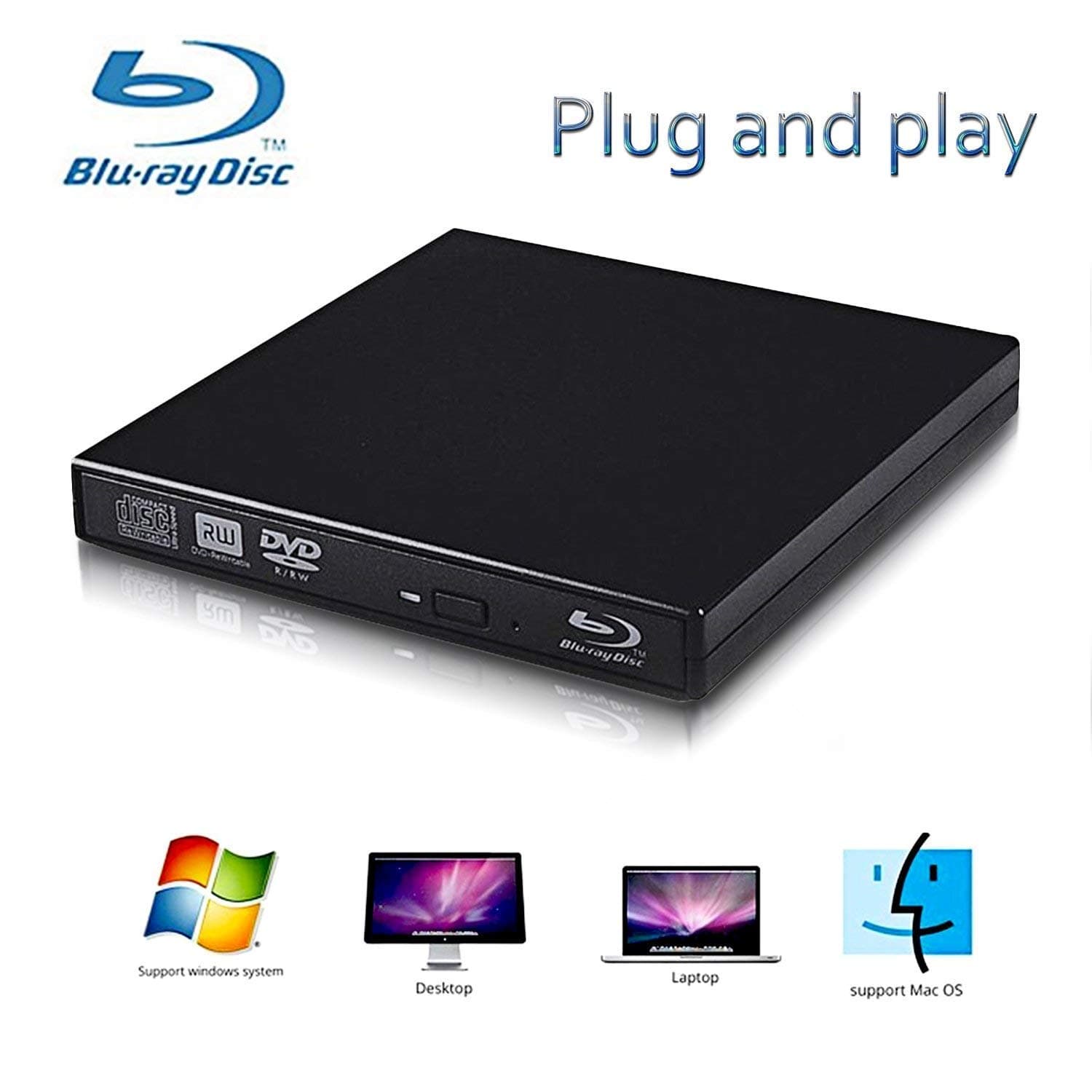External Blu-ray Drives,Portable DVD Burner, External usb 2.0 blu-ray DVD CD drive/BD - ROM,High speed, play blu-ray disc, CD，DVD,perfect support xp/win7/win8/win10/Linux system (Black)