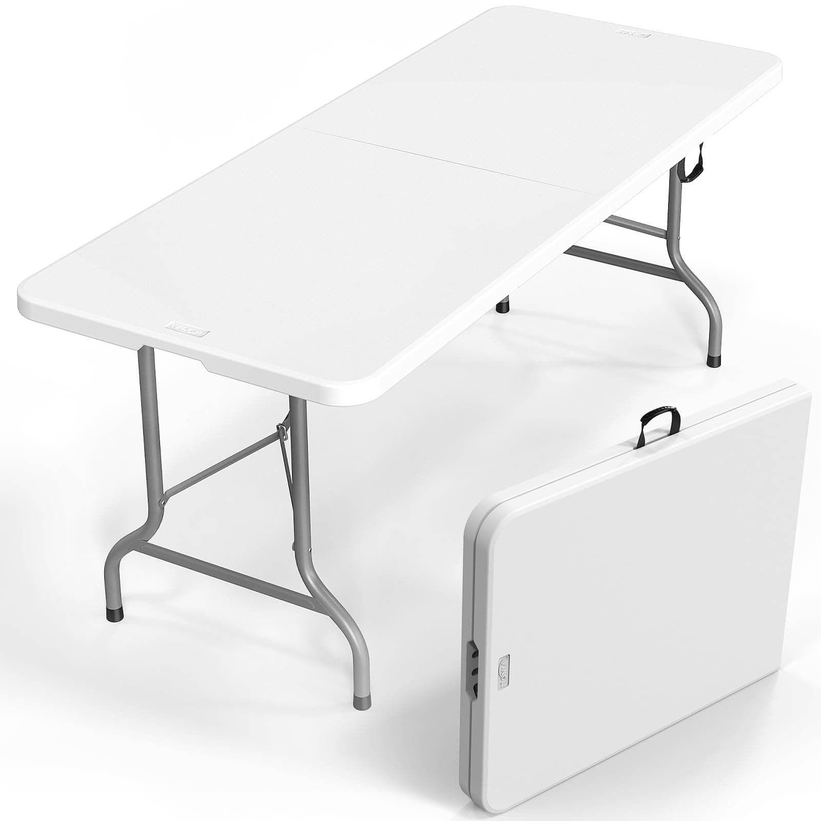 VINGLI 6 Foot Plastic Folding Table Portable Long Table for Indoor Outdoor Use Rectangular with Carrying Handle, Smooth HDPE Tabletop, White