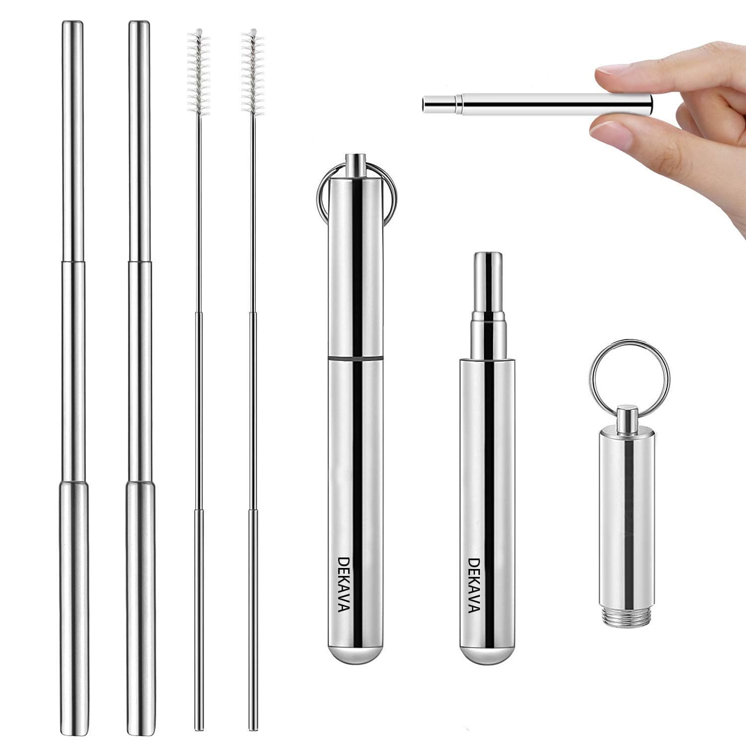 2 PACK - Portable Collapsible Reusable Drinking Straws - Telescopic Folding Stainless Steel Metal Straw with Aluminum Case & Cleaning Brush