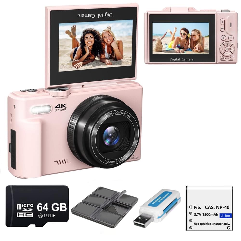 Acuvar 4K Digital Camera 64MP, Compact Vlogging Camera with 180° Flip Screen, WiFi, 16X Zoom, 64GB Card, Pink
