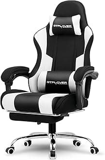 GTPLAYER Gaming Chair, Computer Chair with Footrest and Lumbar Support, Height Adjustable Game Chair with 360°-Swivel Seat and Headrest and for Office or Gaming (Fabric, Black White)