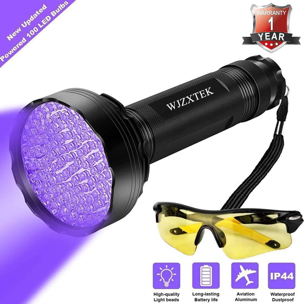 LED Black Light UV Flashlight, WJZXTEK Super Bright 100 LED 395NM Powerful Ultraviolet Blacklight Pet Urine Detector Light with UV Sunglasses for Dog Urine, Scorpions, and Bed Bugs