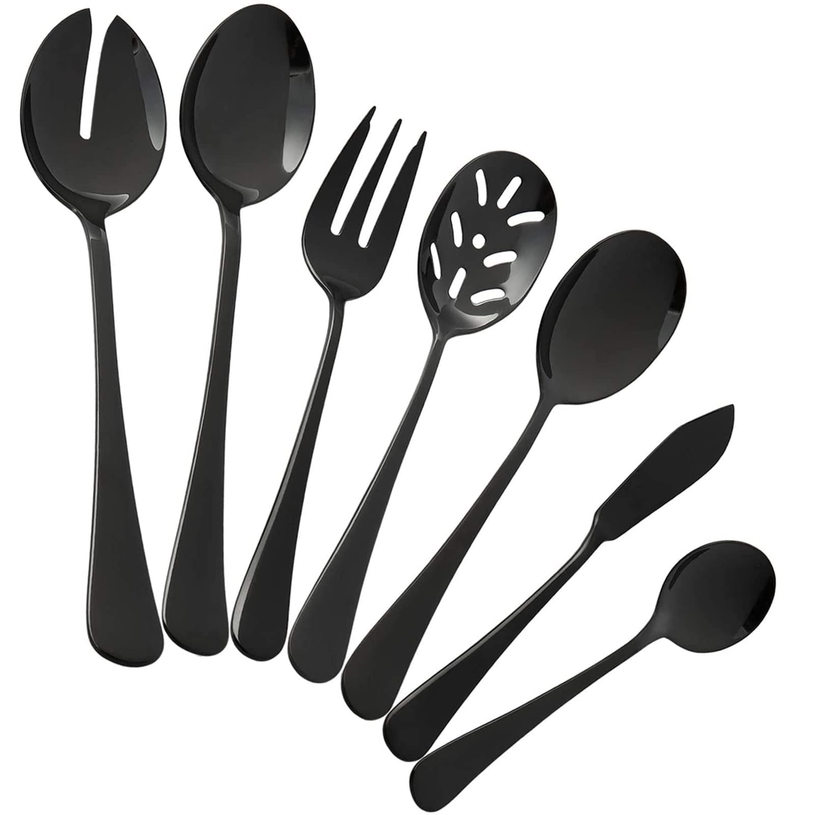 culterman Black Serving utensils set. Stainless Steel Hostess Flatware Sets 7-Piece Includes Silverware Large Salad Spoons,Forks,knifes.Dishwasher Safe.
