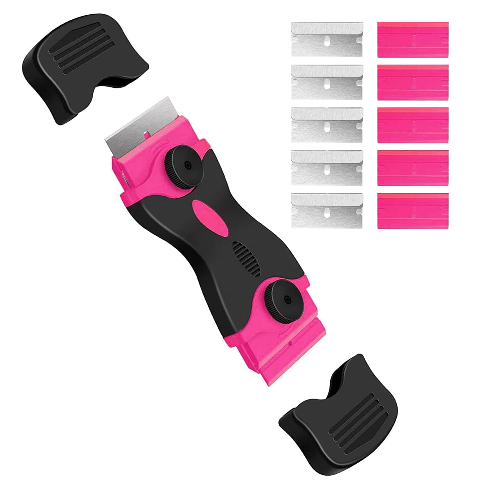 Razor Blade Scraper, Double Edged Razorblade Scraping Tool with 10 Pcs Razor Blades, Paint Scraper for Glass, Decals, Tint, Stickers, Labels, Caulk, Adhesive(Pink)