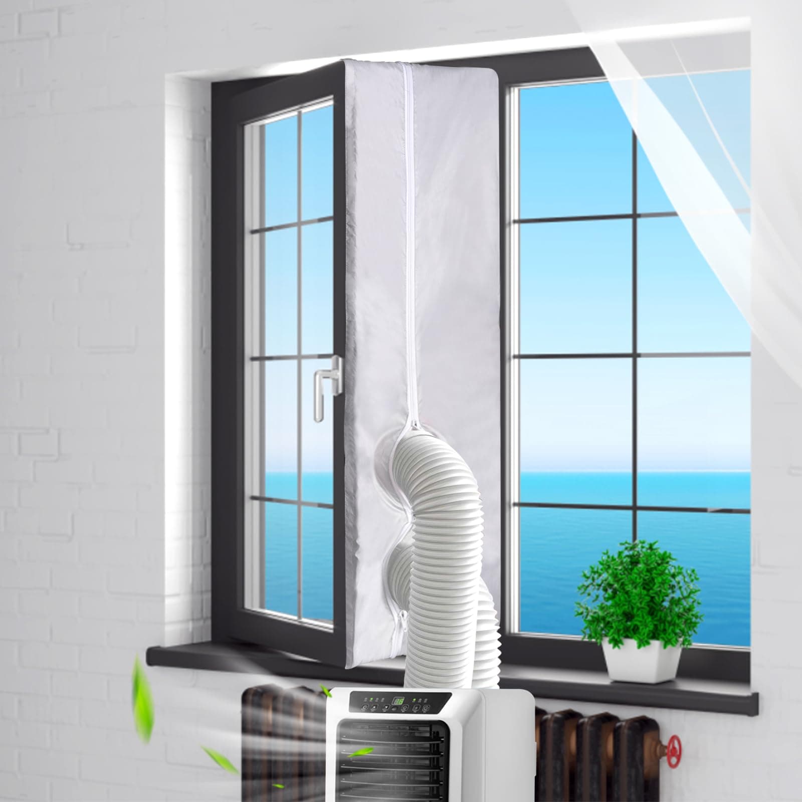400CM (157") Portable AC Window Vent Kit with 2 Zipper Doors, Universal Casement Window Vent Seal Kit for Mobile Air Conditioner and Dryer, Upgraded Full Sealing Waterproof AC Window Seal Kit