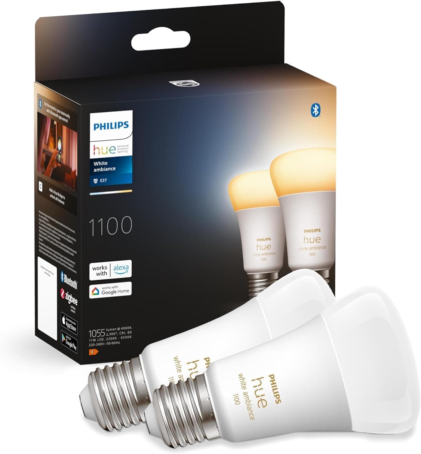 New White Ambiance Smart Light Bulb 2 Pack 75W - 1100 Lumen [E27 Edison Screw] with Bluetooth. Works with Alexa, Google Assistant and Apple Homekit.