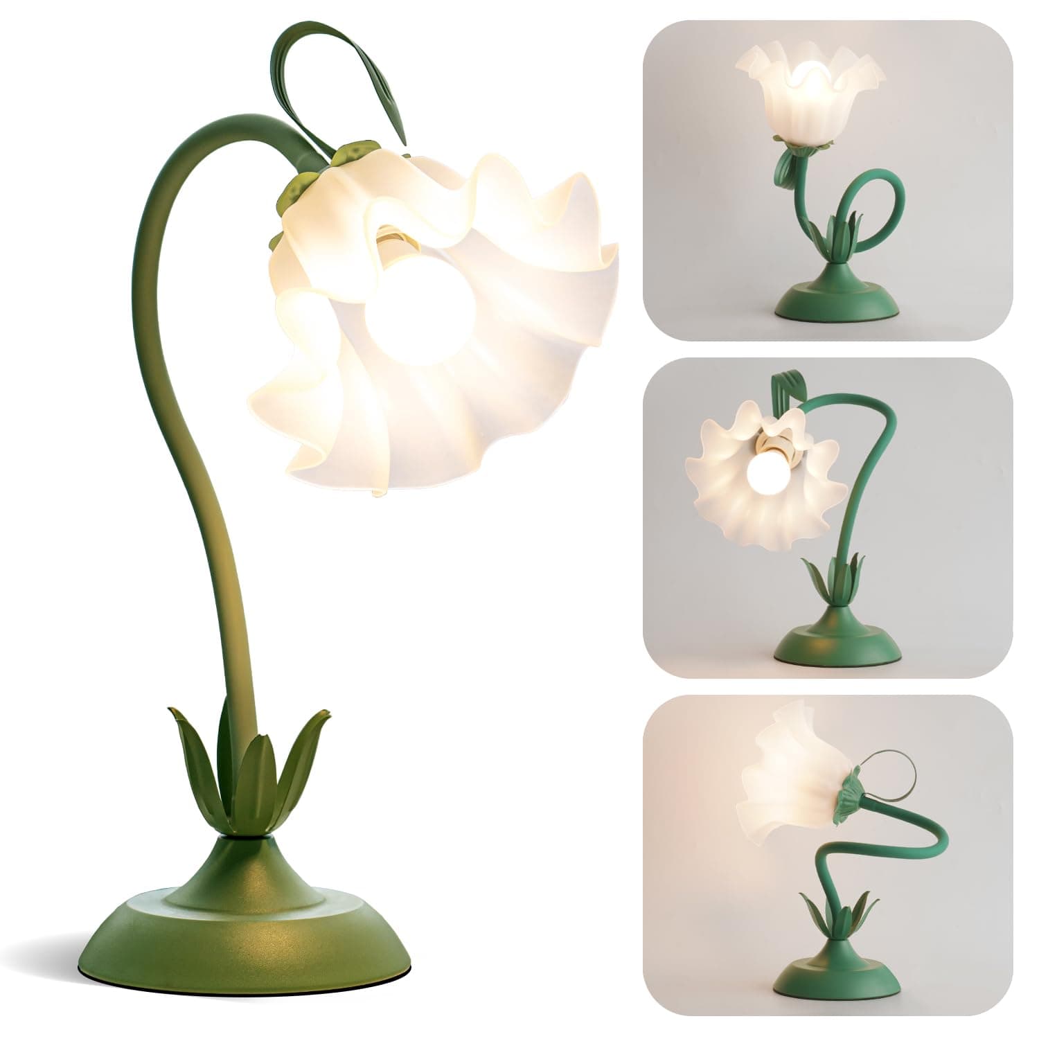 WERFOP Flower Table Lamp, LED Reading Light Vintage Bedside Table Lamp with 3 Color Modes for Nightstand, Kawaii Decoration for Home Bedroom Living Room (Green)