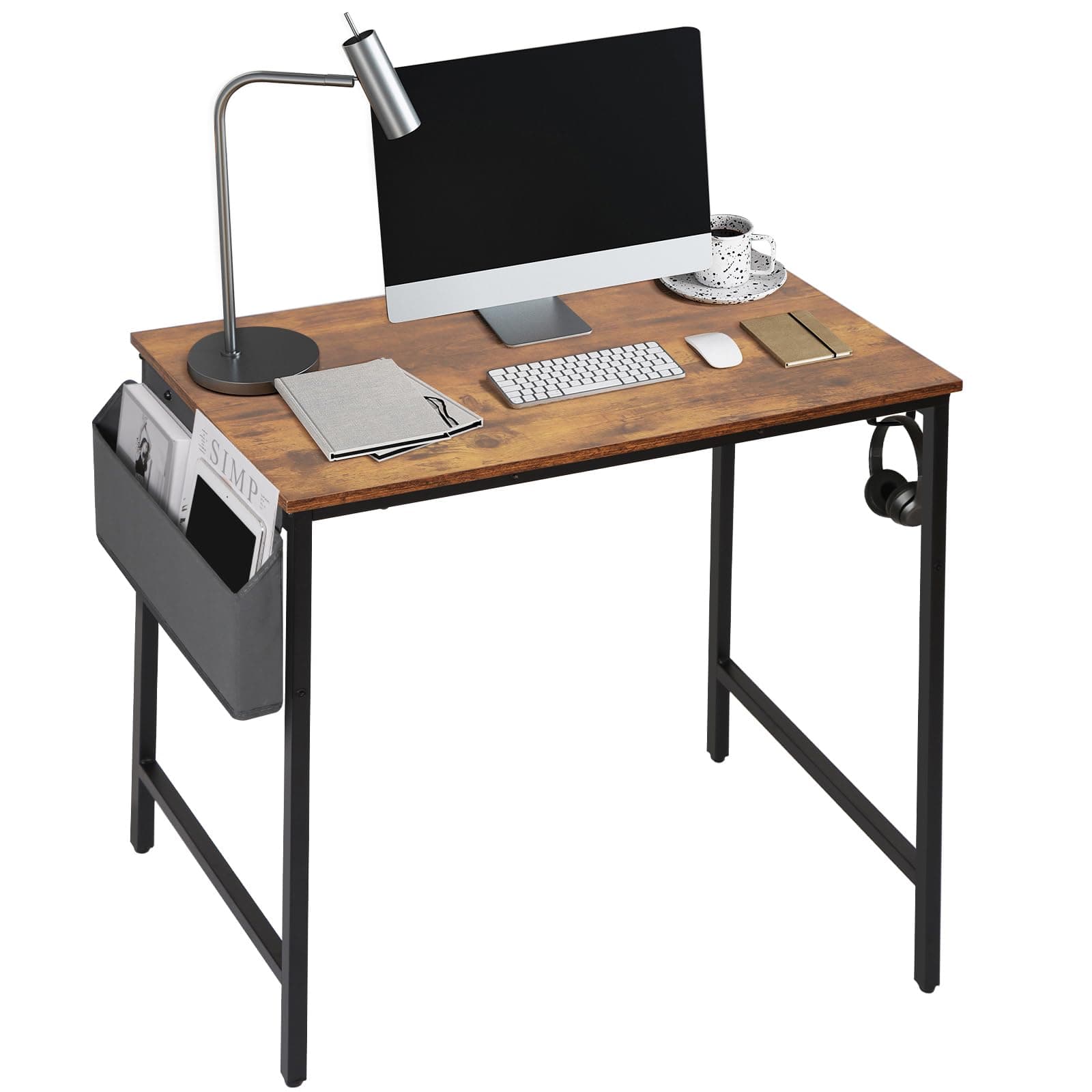Panana Modern Simple Style Computer Desk with Storage Bag and Hook, Home Office Desk, Small Desk Study Writing Table for Small Space (Brown, 80 x 50 cm)