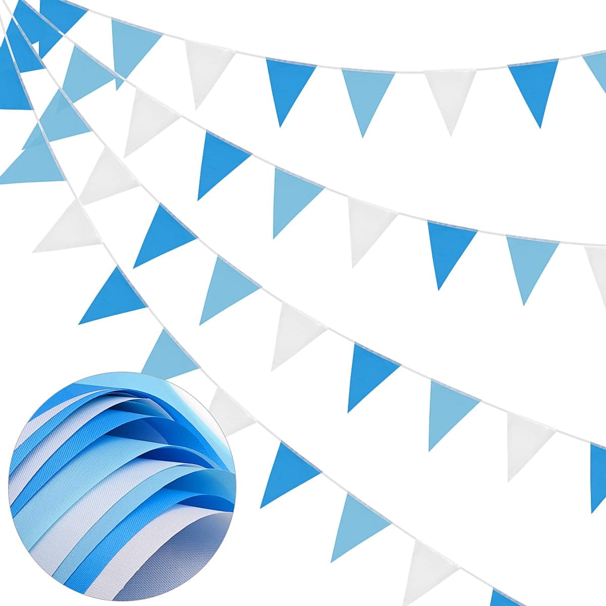 66ft Bunting Banner, Blue White Bunting Flags Polyester Fabric Bunting Garland 52pcs Waterproof Flags Reusable Bunting for Mother‘s Day Home Outdoor Birthday Wedding Party Decoration